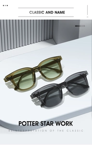 Detailed close-up of premium square frame sunglasses featuring TR material and metal hinges