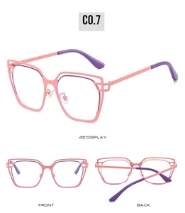 Detailed views of cat-eye glasses frame with hollow double rims and pink metal finish
