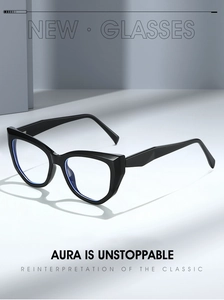 Detail of glossy black cat-eye TR90 eyeglass frame with thick rims and modern sharp edges