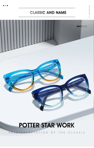 Close-up of cat-eye TR90 glasses with blue to yellow gradient frames and metal spring hinges