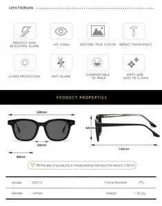 Detailed size chart for square sunglasses showing frame width 149mm and PC material specs
