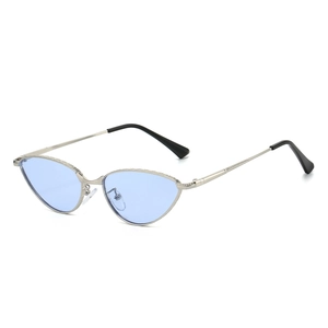 Retro cat-eye sunglasses with silver metal frames and light blue lenses on white background