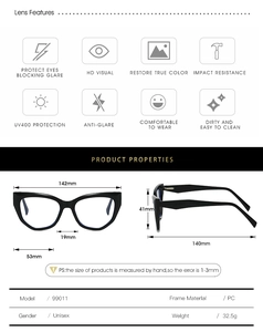 Detailed size specifications for cat eye TR90 glasses frame with spring hinges