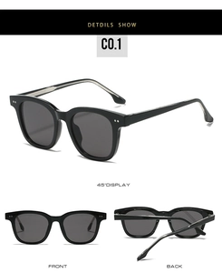 Detailed views of black trendy sunglasses with metallic rivets and dark gray lenses