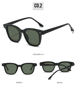 Three-view display of black square frame sunglasses with metal dots and dark grey lenses