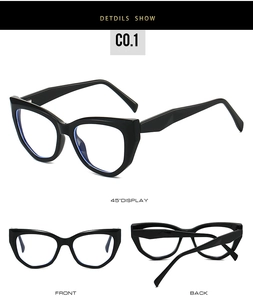 Three-angle display of black cat-eye TR90 glasses frames showing front and side views