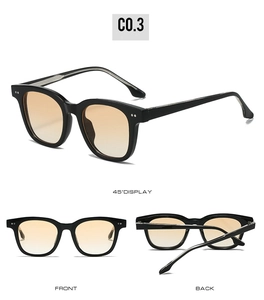Detailed multi-angle view of retro thick black frame sunglasses with orange gradient lenses