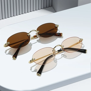 Rimless Oval Sunglasses Retro Metal Frame AC Lens UV400 Protection Lightweight Vintage Eyewear For Women Men Fashion