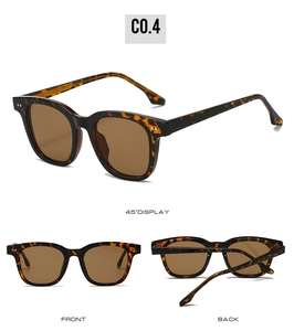 Three-view display of tortoiseshell sunglasses with brown lenses and retro square frame