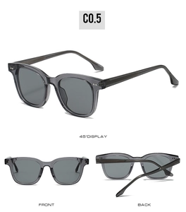 Three views of dark gray square sunglasses showing rivet details and frame structure