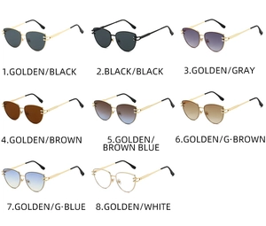 Détails de lunettes de soleil œil de chat montrant diverses couleurs de monture et verres