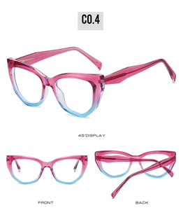 Detail view of TR90 cat-eye glasses with pink to blue gradient frame and spring hinges