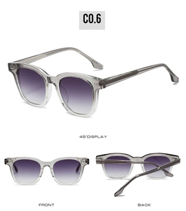 Detailed views of grey transparent frames with purple gradient lenses showing all angles