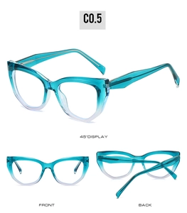 Three-angle display of cat-eye glasses with peacock blue gradient and spring hinges