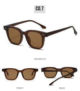 Detailed views of vintage brown translucent sunglasses with classic metal rivets