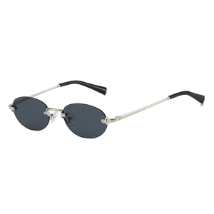 Retro rimless oval sunglasses with dark lenses and sleek silver metal temples