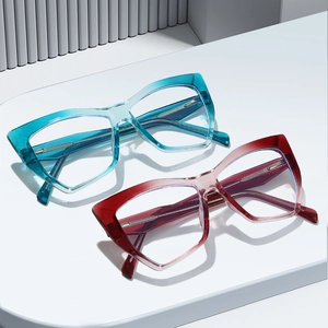 Cat eye blue light glasses with TR90 gradient frames on modern display stands
