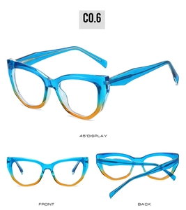 Three views of TR90 cat eye glasses frames with blue and orange gradient design