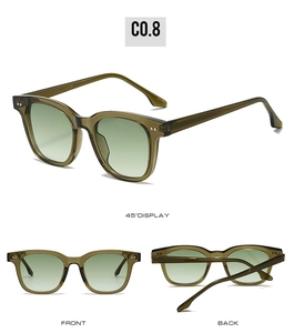 Detailed views of square olive green sunglasses with gradient lenses and metal hinges