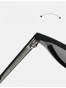 Macro shot of durable metal hinges on black sunglasses showing reinforced construction