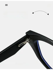 Detail of durable metal spring hinge on stylish black TR90 cat-eye frame glasses