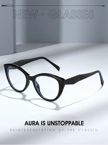 Detail of black TR90 cat-eye frame glasses showing geometric temples and spring hinges