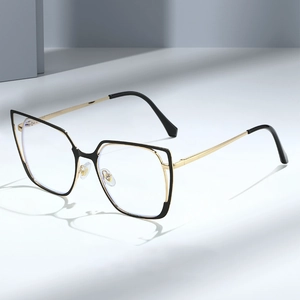 Cat Eye Anti Blue Light Glasses Frames For Women Retro Metal Geometric Hollow Plain Mirror Eyewear Fashion Decorative