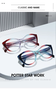Detailed view of cat-eye TR90 eyeglass frames with vibrant purple and red gradient colors