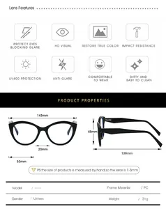 Detailed size chart for TR90 cat-eye blue light blocking glasses with frame dimensions