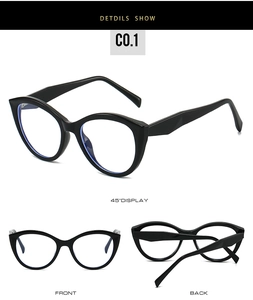Three perspectives of cat eye TR90 glasses frames with spring hinges in black finish