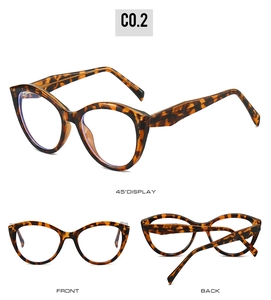 Three-view display of cat-eye tortoiseshell TR90 glasses frames with spring hinges