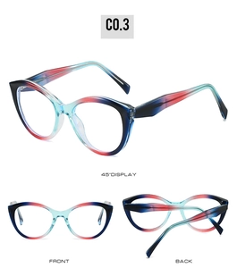 Detailed multi-angle view of cat-eye TR90 glasses featuring a blue-red-cyan gradient frame