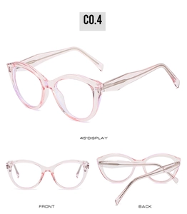 Three-view display of pink translucent TR90 cat-eye blue light blocking glasses