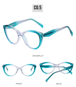 Three-angle view of cat-eye glasses frame with blue gradient finish and spring hinges