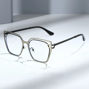 Cat Eye Anti Blue Light Glasses Metal Frame Geometric Double Layer Hollow Fashion Optical Eyewear For Women