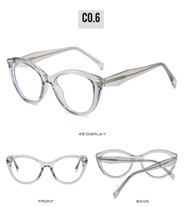 Detailed views of grey TR90 cat-eye blue light glasses featuring flexible spring hinges