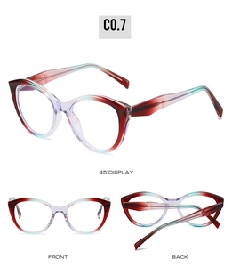 Three perspectives of cat-eye anti-blue light glasses with red, purple, and blue gradient TR90 frame
