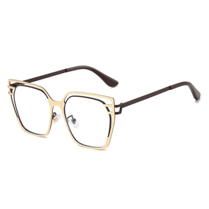 Fashionable cat eye blue light blocking glasses with gold metal frame and brown temples