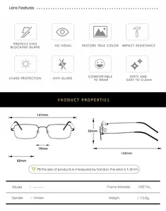 Detailed size chart for lightweight metal anti-blue light glasses with technical dimensions