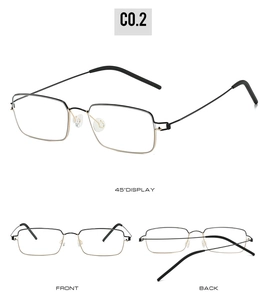 Three-way view of square metal blue light blocking glasses in black and gold finish