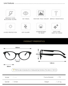 Dessin technique de lunettes rondes TR90 noires avec dimensions et caractéristiques