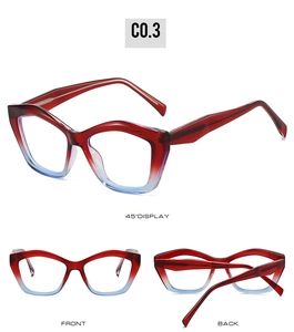 Drei Ansichten der rot-blauen Cat-Eye-TR90-Brille mit Federscharnieren im Farbverlauf