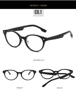 Lunettes rondes TR90 noires classiques avec rivets en métal vues sous plusieurs angles