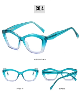 Drei Ansichten der Cat-Eye TR90 Blaulichtfilter-Brille mit blauem Farbverlauf-Rahmen
