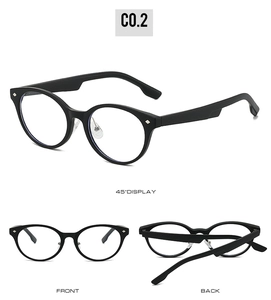 Vues détaillées de lunettes rondes en TR90 avec faces avant, arrière et rivets métalliques