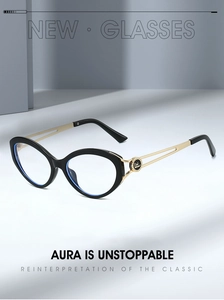 Detail of stylish cat eye frame with gold hollow metal temples and anti-blue light lenses