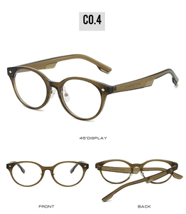 Vue en trois angles de lunettes TR90 rondes translucides marron anti-lumière bleue