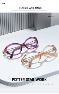 Close-up of retro cat-eye anti-blue light glasses in purple and champagne frames