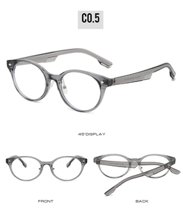 Vue multi-angles de lunettes rondes transparentes grises en TR90 avec détails précis