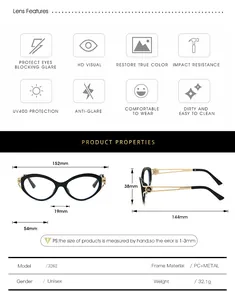 Detailed size chart for cat-eye glasses frame including width, bridge and temple dimensions